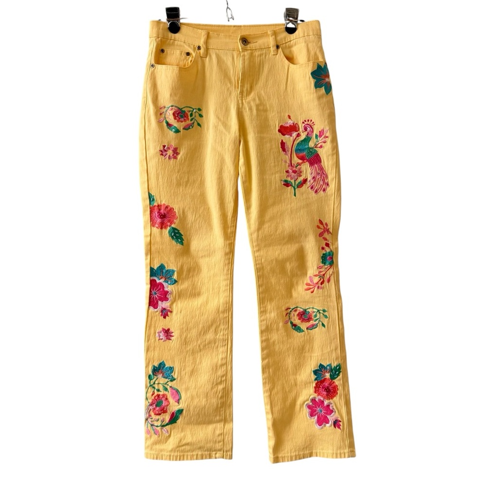 DG2 Diane Gilman Embellished Yellow Jeans Embroidered Peacock Flowers 6P